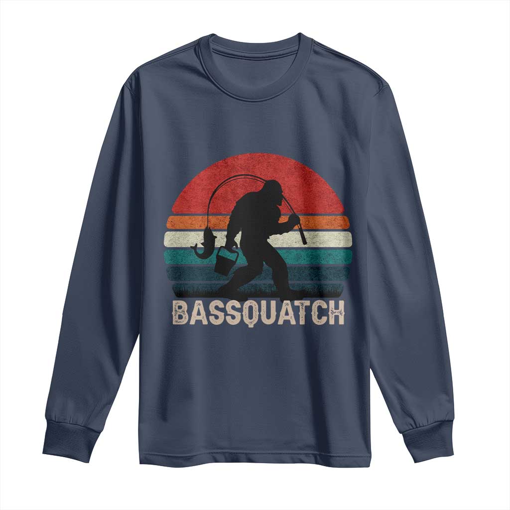 Retro Bigfoot Fishing Long Sleeve Shirt Funny Retro Sasquatch Bassquatch Fisherman TS10 Navy Print Your Wear