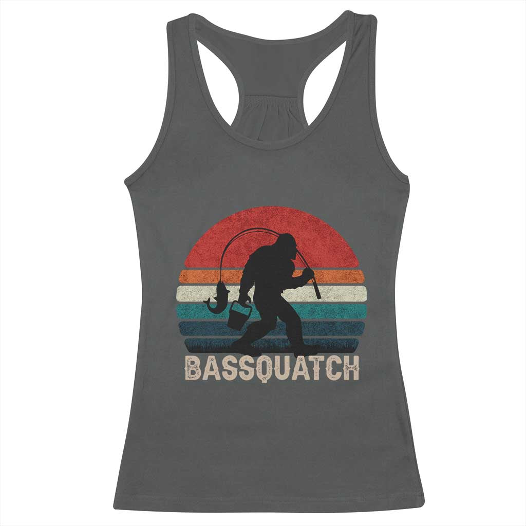 Retro Bigfoot Fishing Racerback Tank Top Funny Retro Sasquatch Bassquatch Fisherman TS10 Dark Heather Print Your Wear