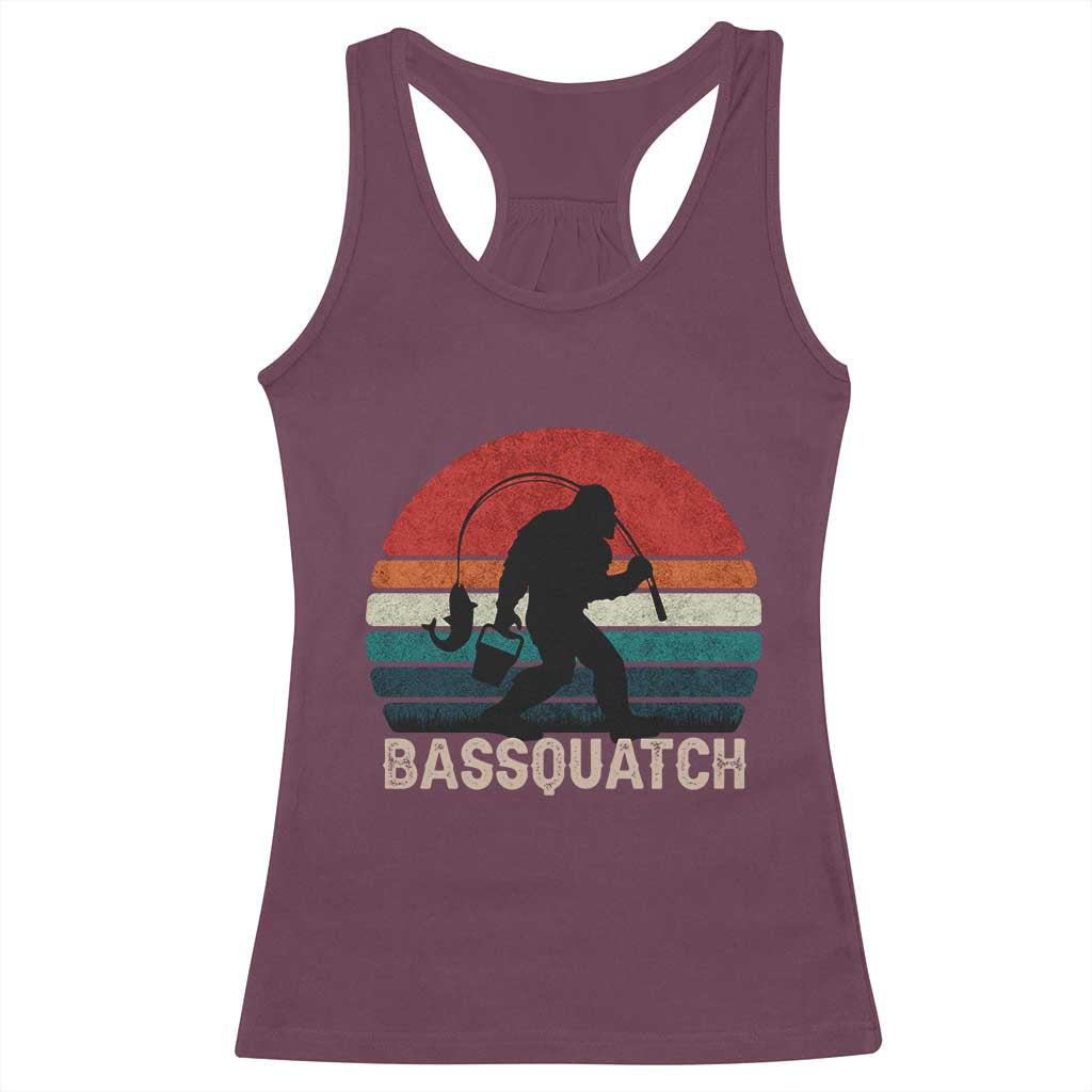 Retro Bigfoot Fishing Racerback Tank Top Funny Retro Sasquatch Bassquatch Fisherman TS10 Maroon Print Your Wear
