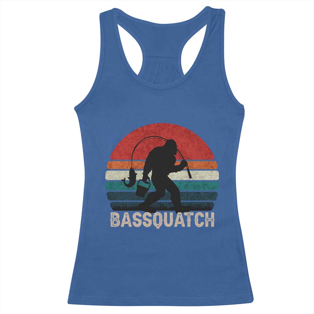 Retro Bigfoot Fishing Racerback Tank Top Funny Retro Sasquatch Bassquatch Fisherman TS10 Royal Blue Print Your Wear