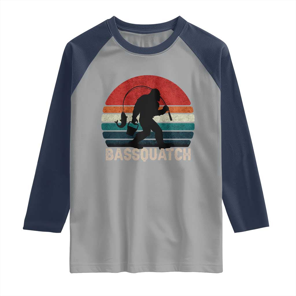 Retro Bigfoot Fishing Raglan Shirt Funny Retro Sasquatch Bassquatch Fisherman TS10 Sport Gray Navy Print Your Wear