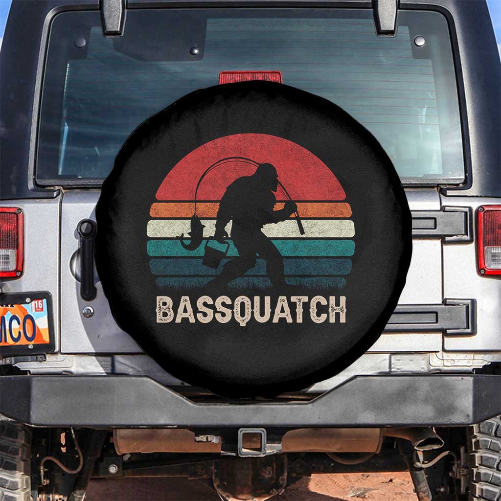 Retro Bigfoot Fishing Spare Tire Cover Funny Retro Sasquatch Bassquatch Fisherman TS10 No hole Black Print Your Wear