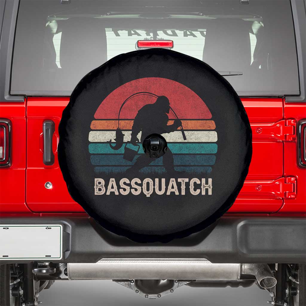 Retro Bigfoot Fishing Spare Tire Cover Funny Retro Sasquatch Bassquatch Fisherman TS10 Black Print Your Wear