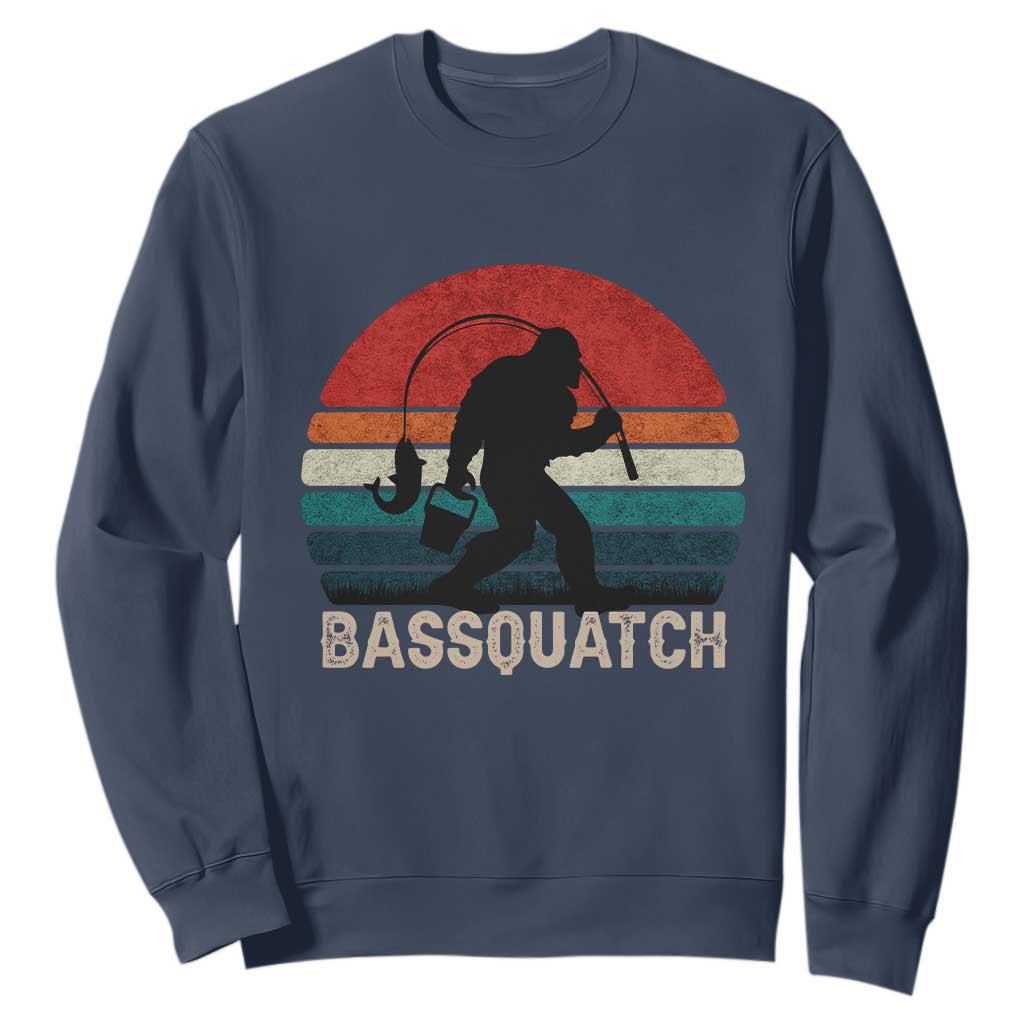 Retro Bigfoot Fishing Sweatshirt Funny Retro Sasquatch Bassquatch Fisherman TS10 Navy Print Your Wear