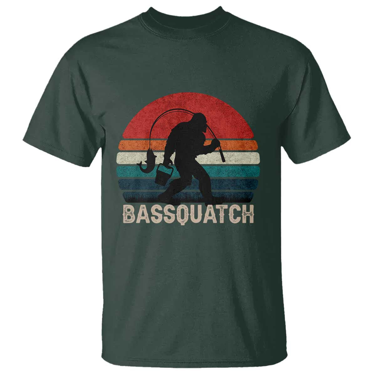 Retro Bigfoot Fishing T Shirt Funny Retro Sasquatch Bassquatch Fisherman TS10 Dark Forest Green Print Your Wear