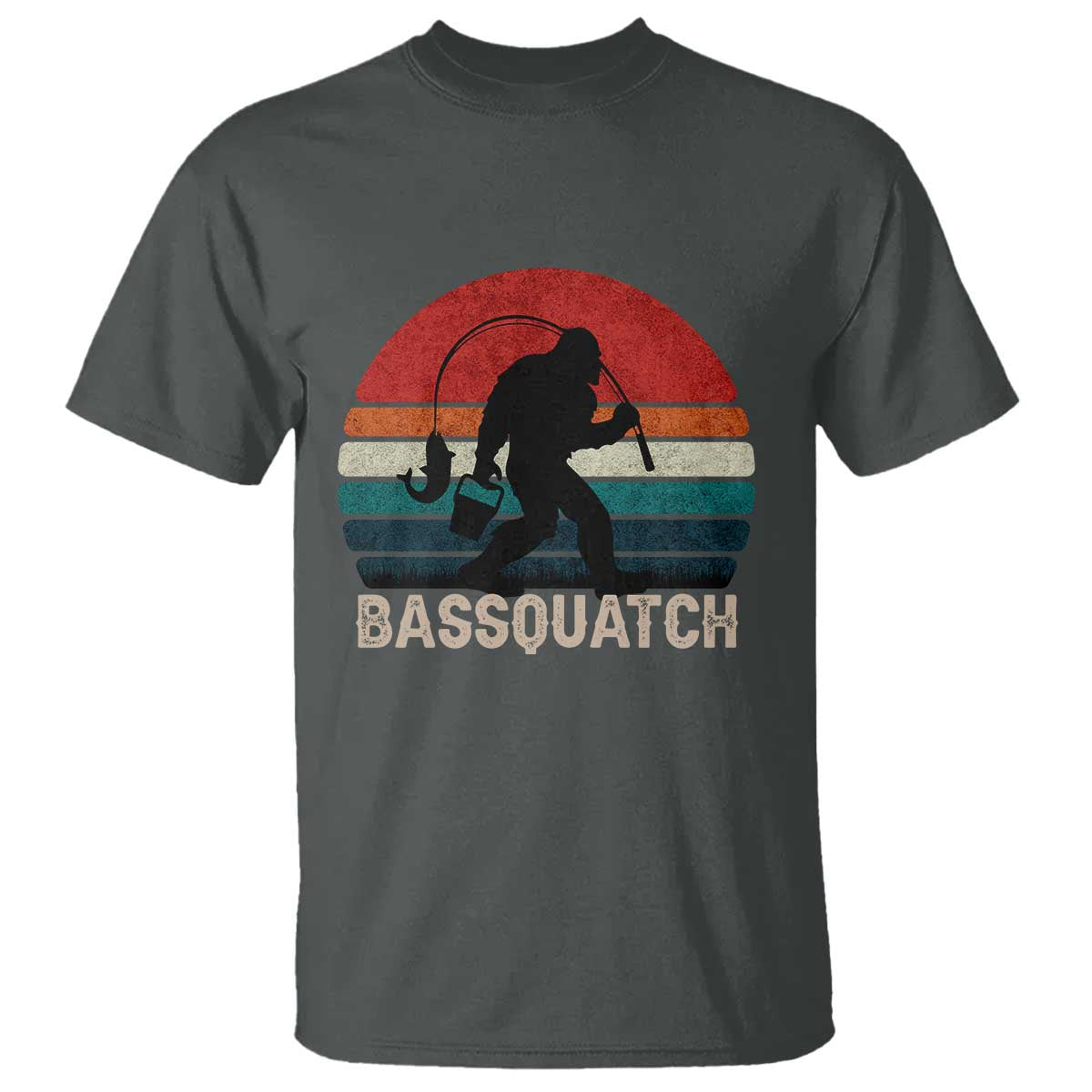 Retro Bigfoot Fishing T Shirt Funny Retro Sasquatch Bassquatch Fisherman TS10 Dark Heather Print Your Wear