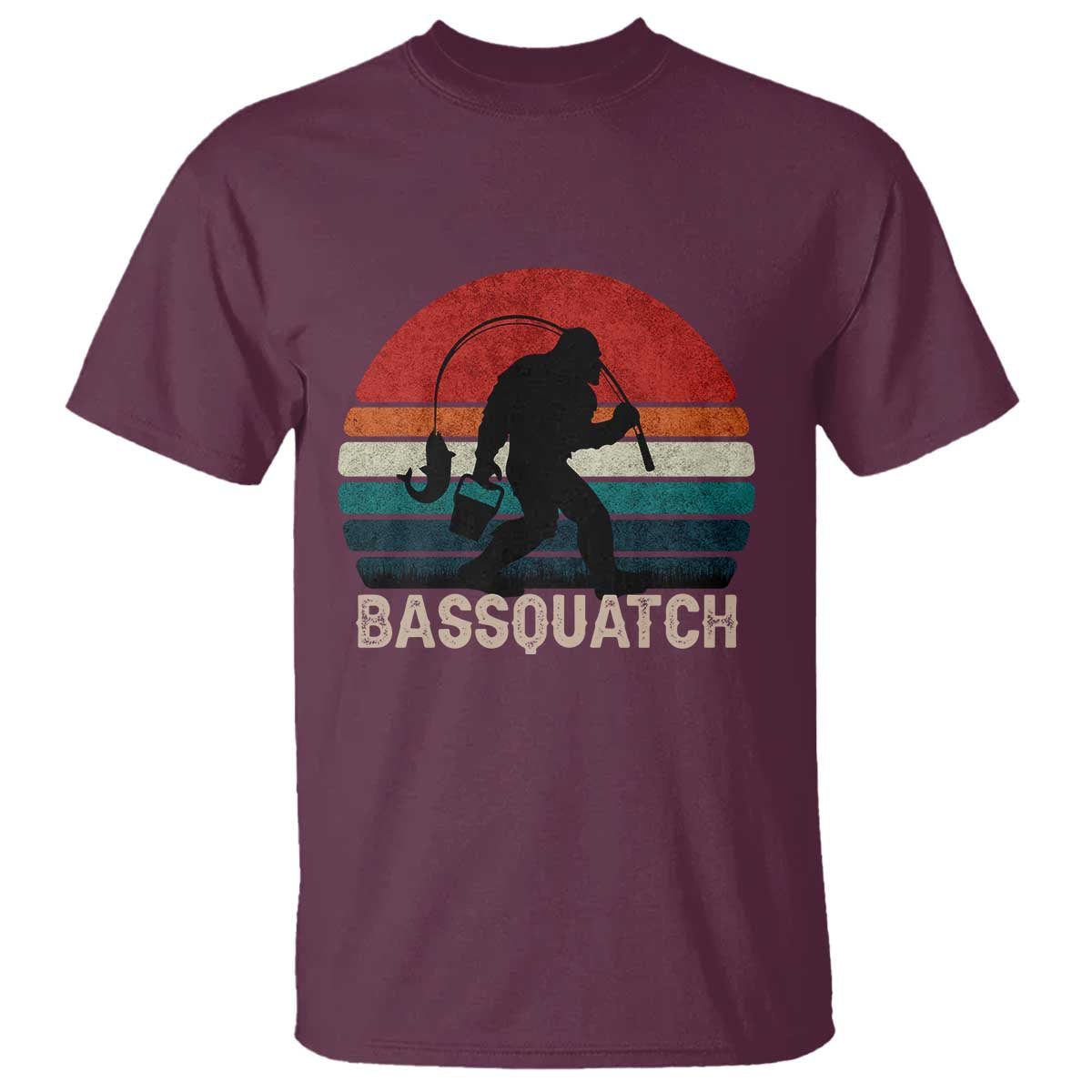 Retro Bigfoot Fishing T Shirt Funny Retro Sasquatch Bassquatch Fisherman TS10 Maroon Print Your Wear