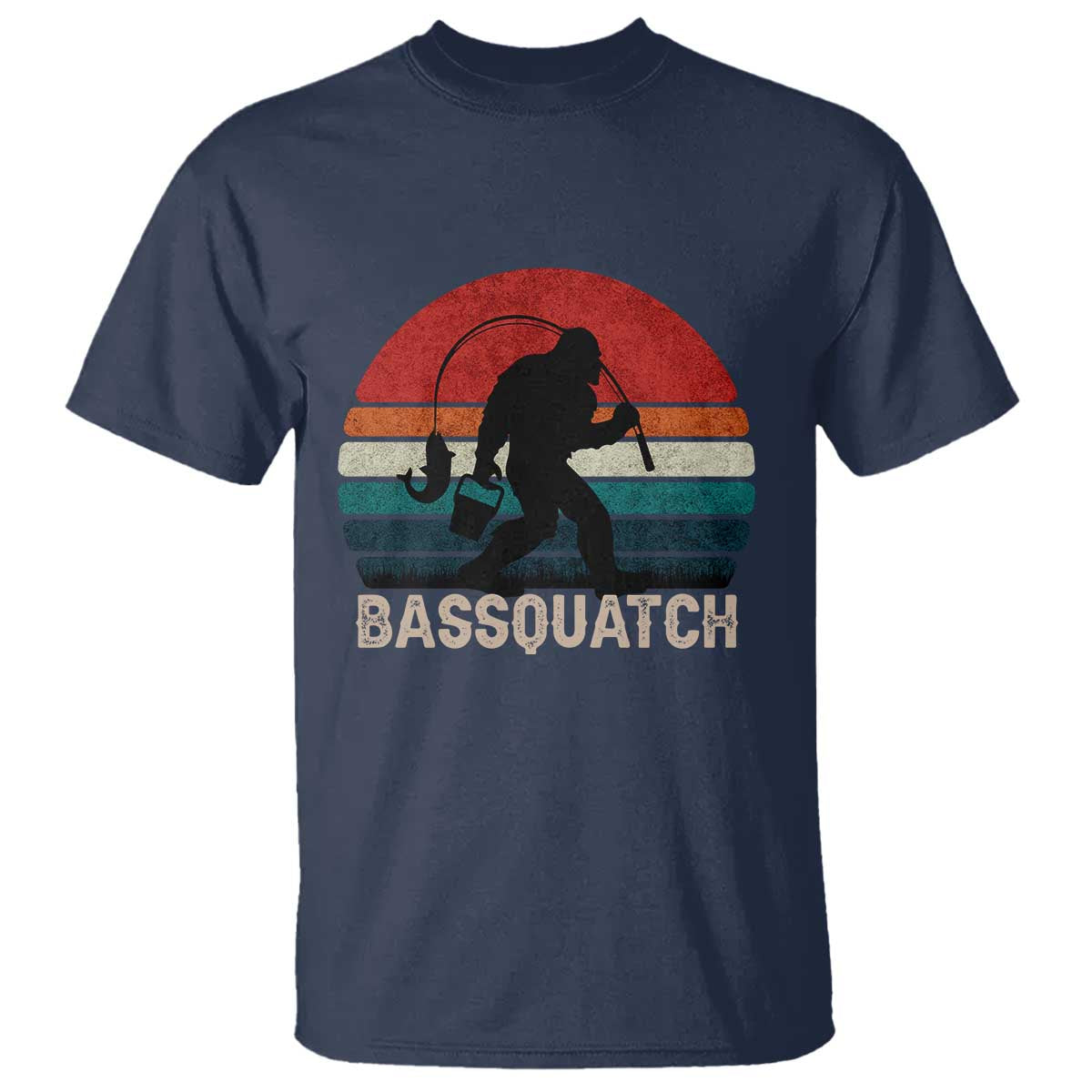 Retro Bigfoot Fishing T Shirt Funny Retro Sasquatch Bassquatch Fisherman TS10 Navy Print Your Wear