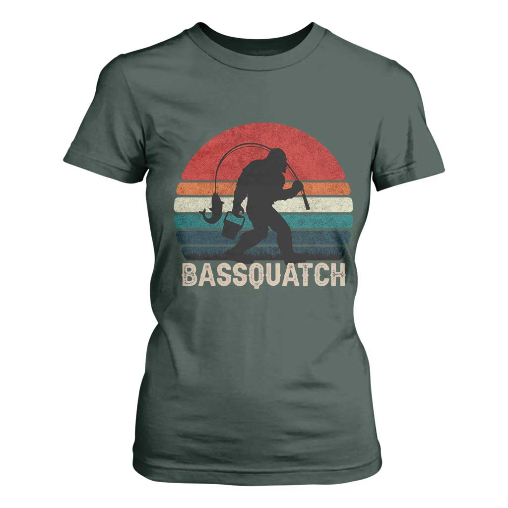 Retro Bigfoot Fishing T Shirt For Women Funny Retro Sasquatch Bassquatch Fisherman TS10 Dark Forest Green Print Your Wear