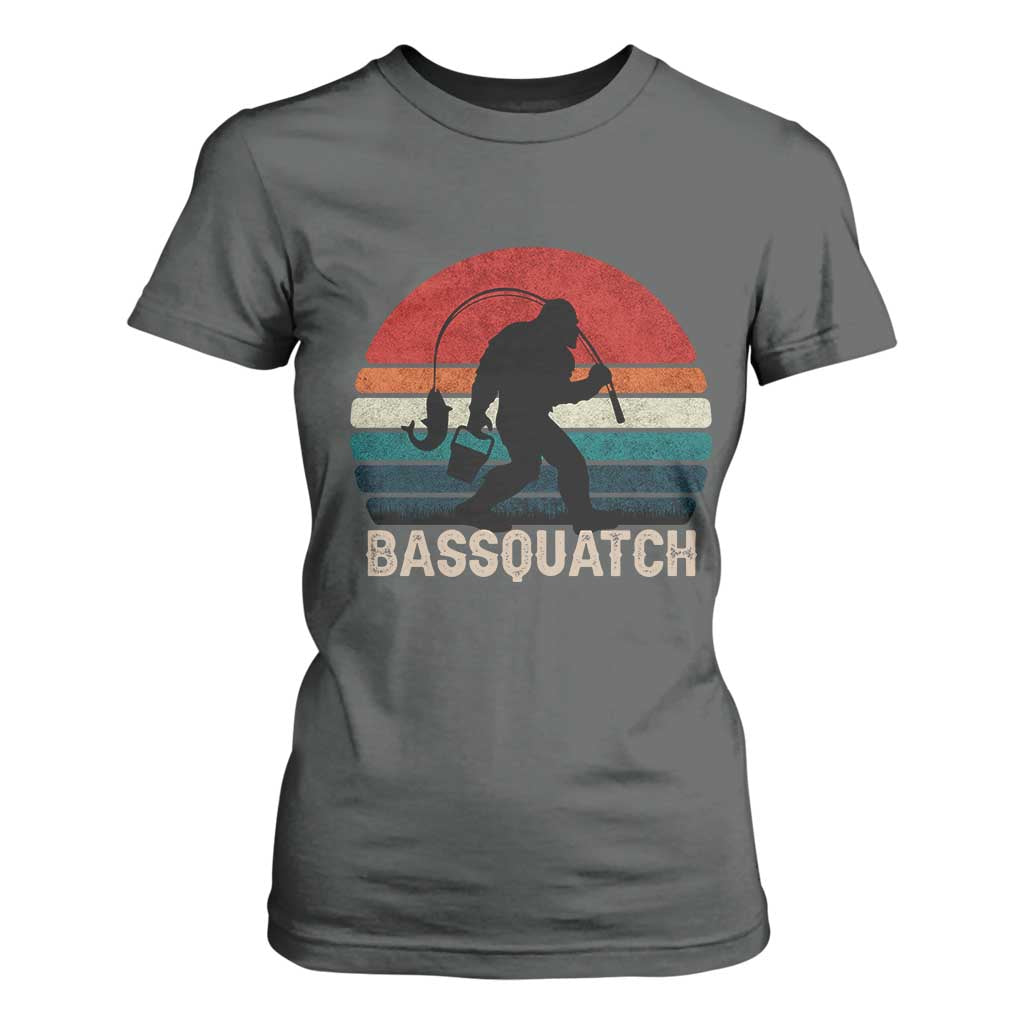Retro Bigfoot Fishing T Shirt For Women Funny Retro Sasquatch Bassquatch Fisherman TS10 Dark Heather Print Your Wear