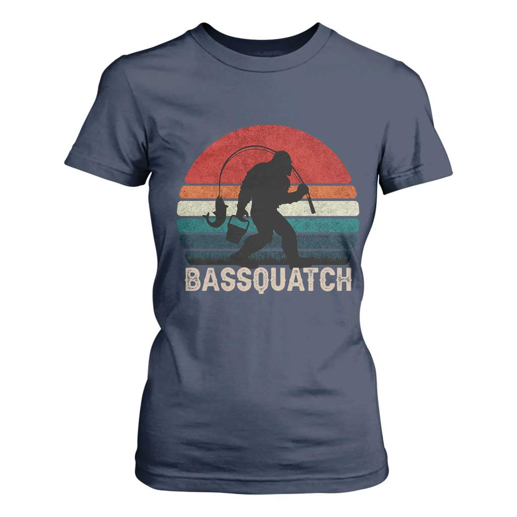 Retro Bigfoot Fishing T Shirt For Women Funny Retro Sasquatch Bassquatch Fisherman TS10 Navy Print Your Wear