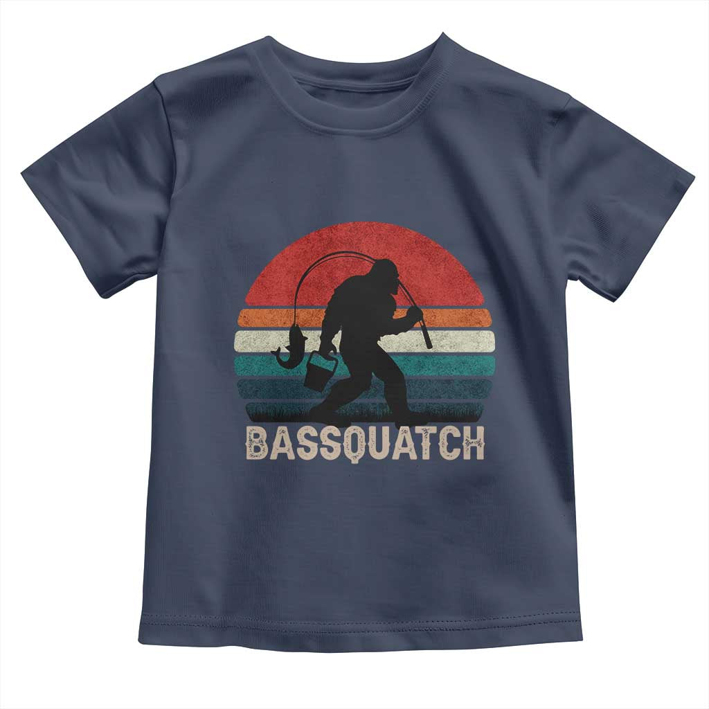 Retro Bigfoot Fishing Toddler T Shirt Funny Retro Sasquatch Bassquatch Fisherman TS10 Navy Print Your Wear