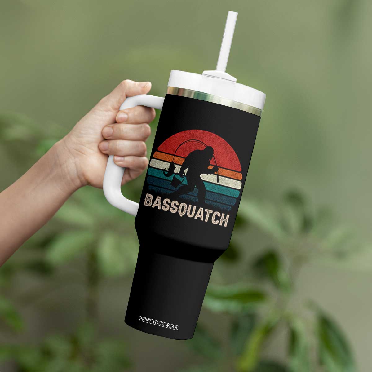 Retro Bigfoot Fishing Tumbler With Handle Funny Retro Sasquatch Bassquatch Fisherman TS10 Print Your Wear