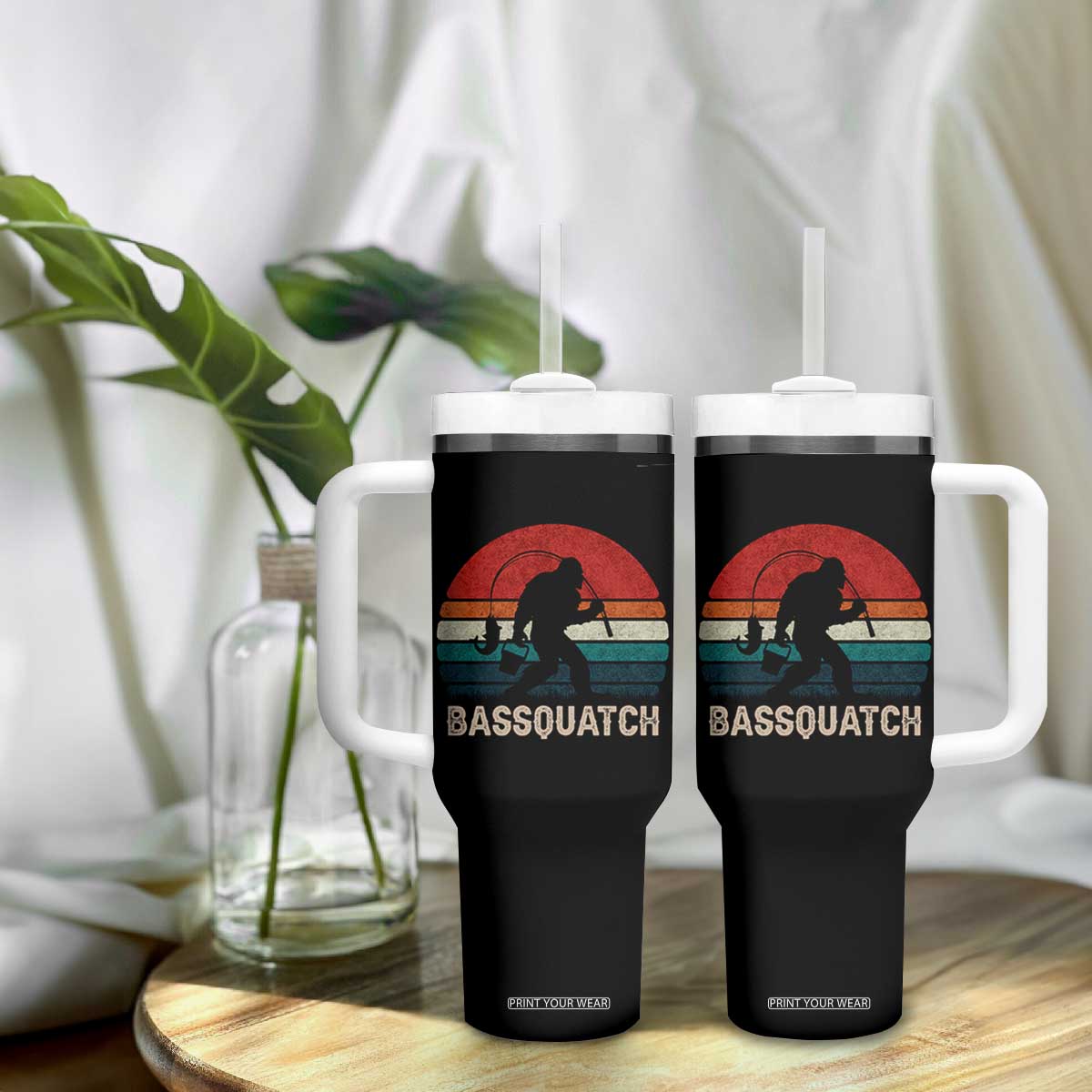 Retro Bigfoot Fishing Tumbler With Handle Funny Retro Sasquatch Bassquatch Fisherman TS10 Print Your Wear