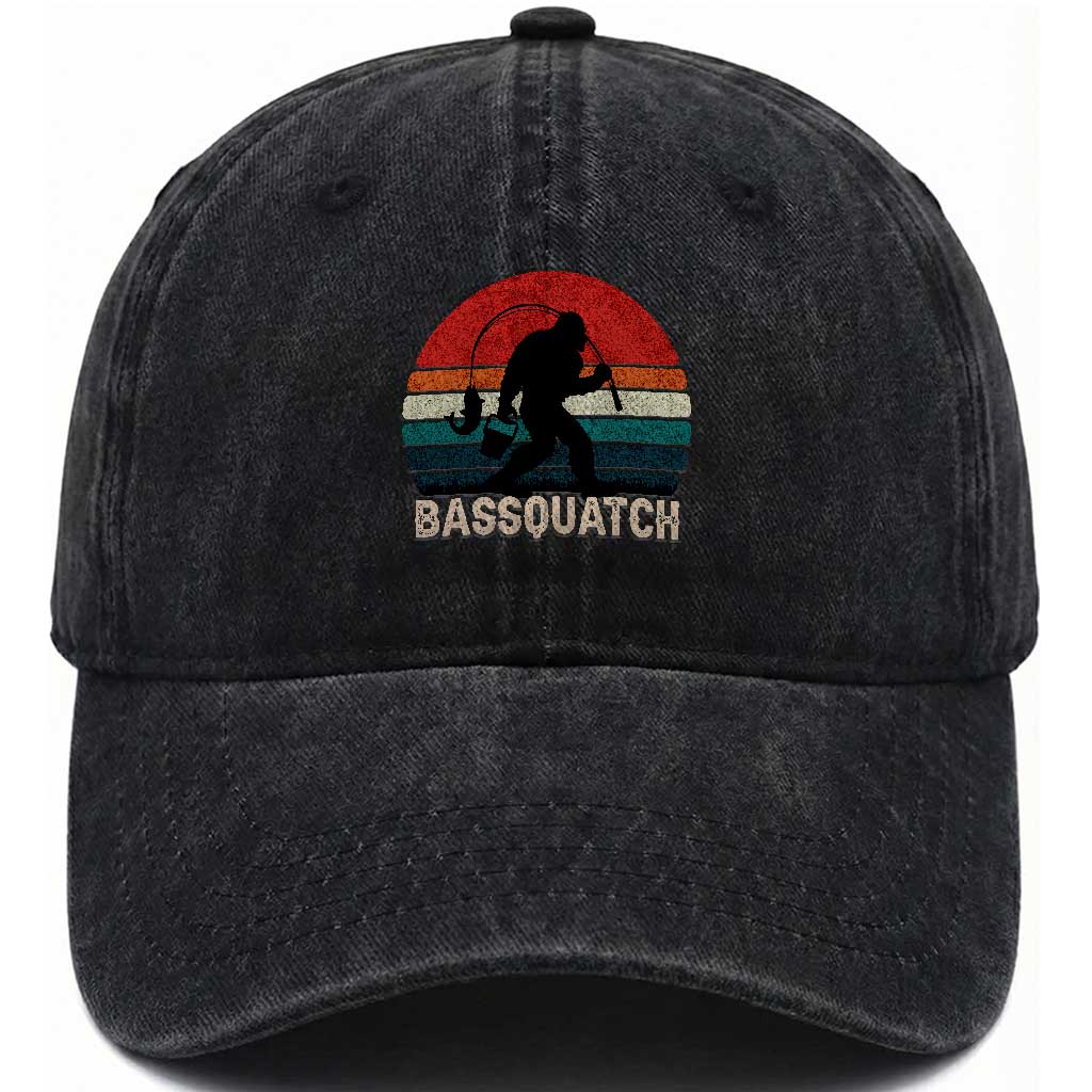 Retro Bigfoot Fishing Washed Cotton Baseball Cap Funny Retro Sasquatch Bassquatch Fisherman