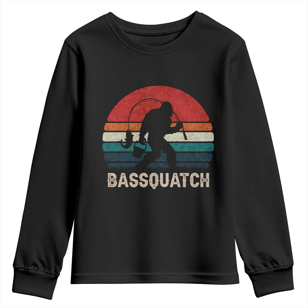 Retro Bigfoot Fishing Youth Sweatshirt Funny Retro Sasquatch Bassquatch Fisherman TS10 Black Print Your Wear