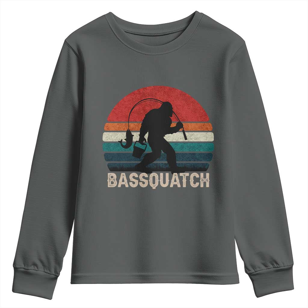 Retro Bigfoot Fishing Youth Sweatshirt Funny Retro Sasquatch Bassquatch Fisherman TS10 Dark Heather Print Your Wear