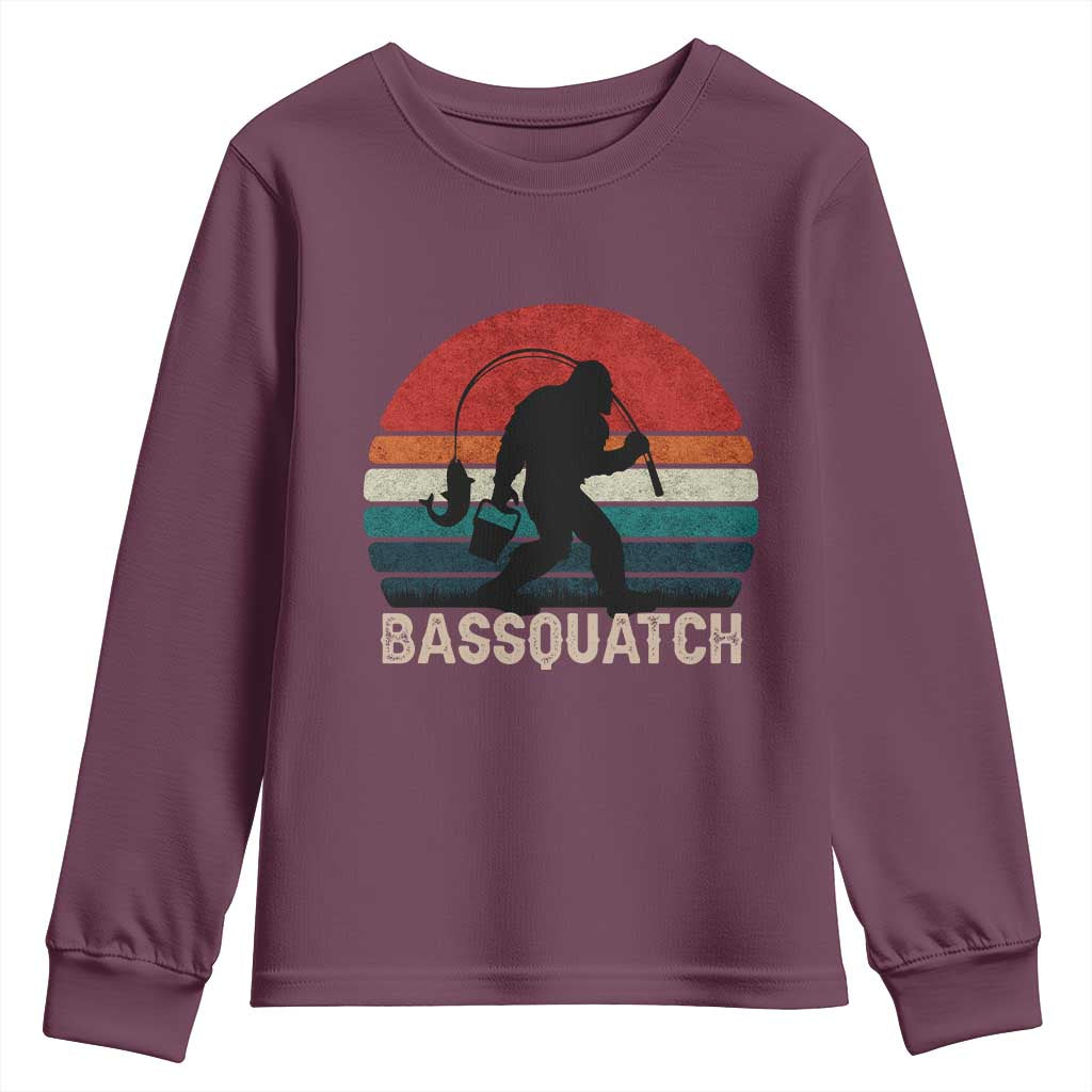 Retro Bigfoot Fishing Youth Sweatshirt Funny Retro Sasquatch Bassquatch Fisherman TS10 Maroon Print Your Wear