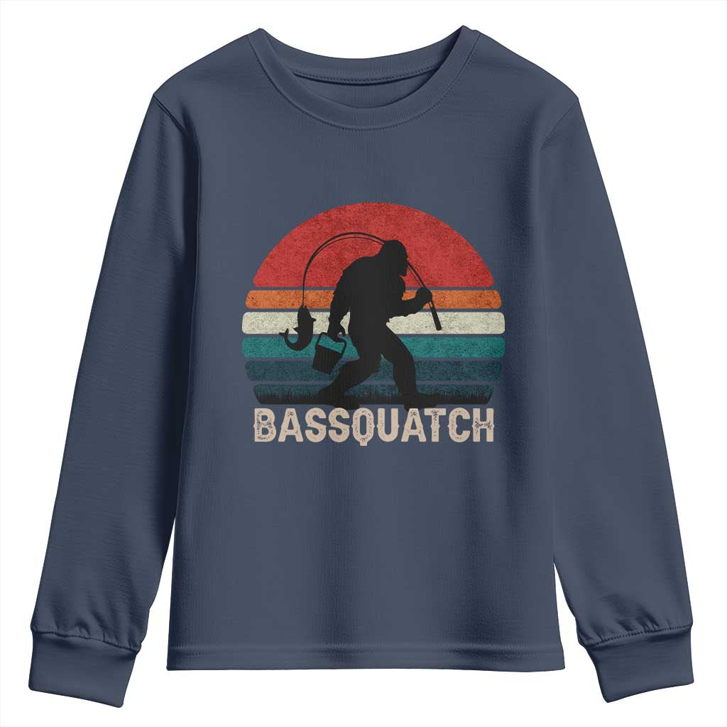 Retro Bigfoot Fishing Youth Sweatshirt Funny Retro Sasquatch Bassquatch Fisherman TS10 Navy Print Your Wear