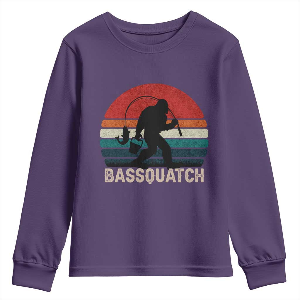 Retro Bigfoot Fishing Youth Sweatshirt Funny Retro Sasquatch Bassquatch Fisherman TS10 Purple Print Your Wear