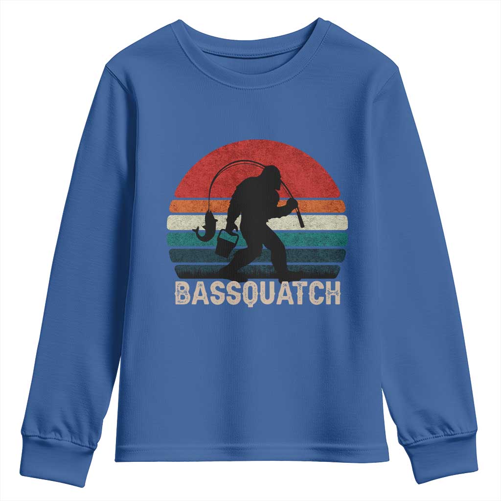 Retro Bigfoot Fishing Youth Sweatshirt Funny Retro Sasquatch Bassquatch Fisherman TS10 Royal Blue Print Your Wear