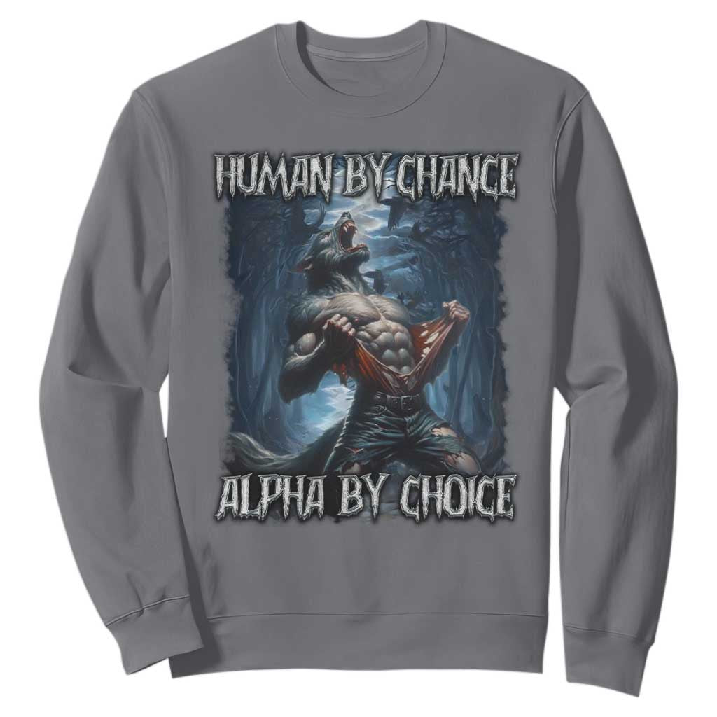 Human By Chance Alpha By Choice Wolf Sweatshirt Vintage 90s Style Wolf Sigma Emo Meme TS10 Charcoal Print Your Wear