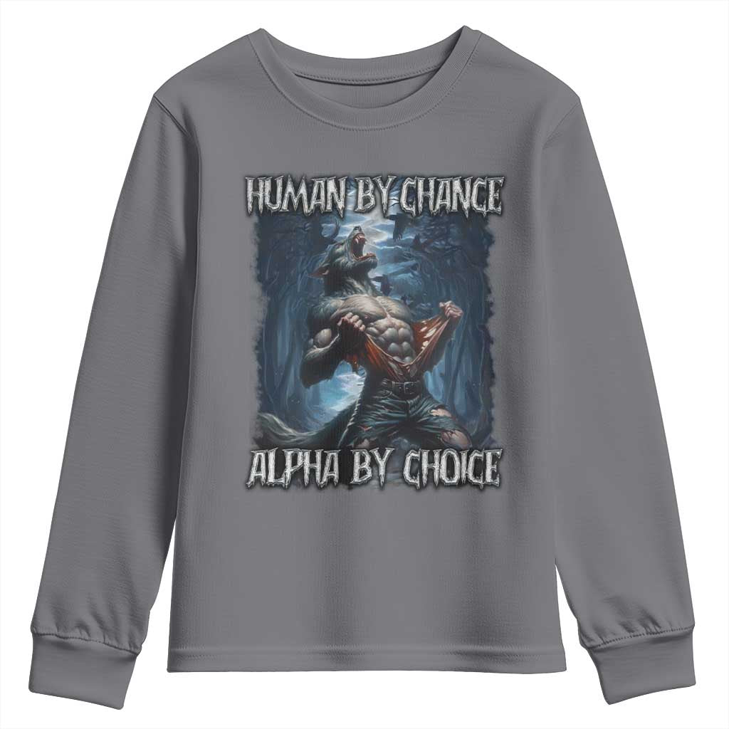 Human By Chance Alpha By Choice Wolf Youth Sweatshirt Vintage 90s Style Wolf Sigma Emo Meme TS10 Charcoal Print Your Wear