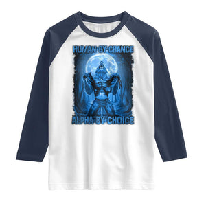 Funny Human By Chance Alpha By Choice Raglan Shirt Vintage 90s Alpha Wolf TS10 White Navy Print Your Wear