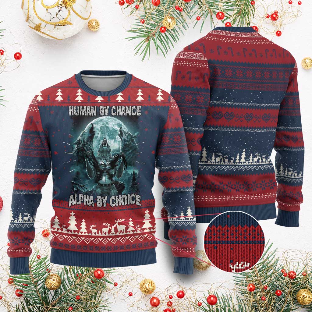 Funny Human By Chance Alpha By Choice Knit Sweatshirt Alpha Wolf - Print Your Wear