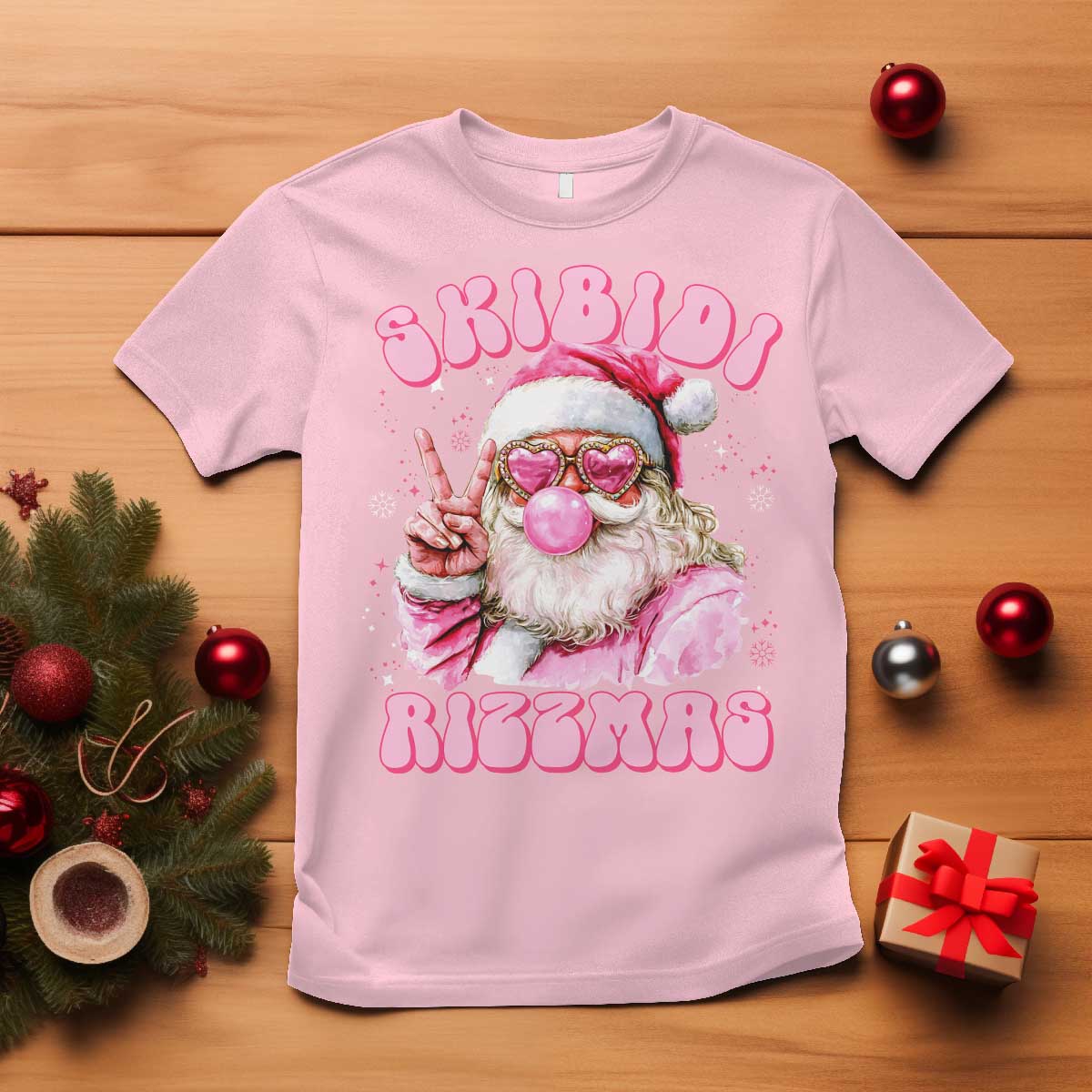 Skibidi Rizzmas Christmas T Shirt Rizz Santa Pink Bubble Gum Funny Xmas Girl Kids Gen Alpha TS10 Light Pink Print Your Wear