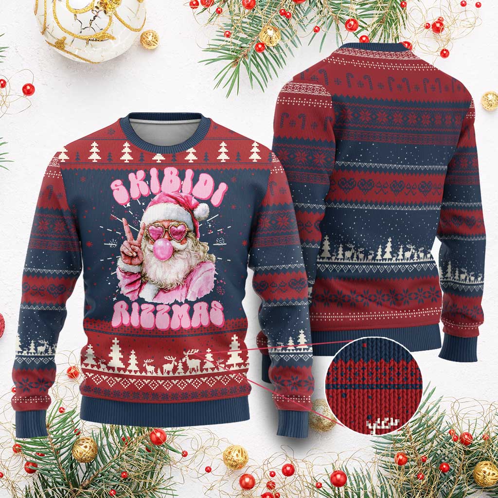 Skibidi Rizzmas Christmas Knit Sweatshirt Rizz Santa Pink Bubble Gum Funny Xmas Girl Kids Gen Alpha TS10 Burgundy Print Your Wear