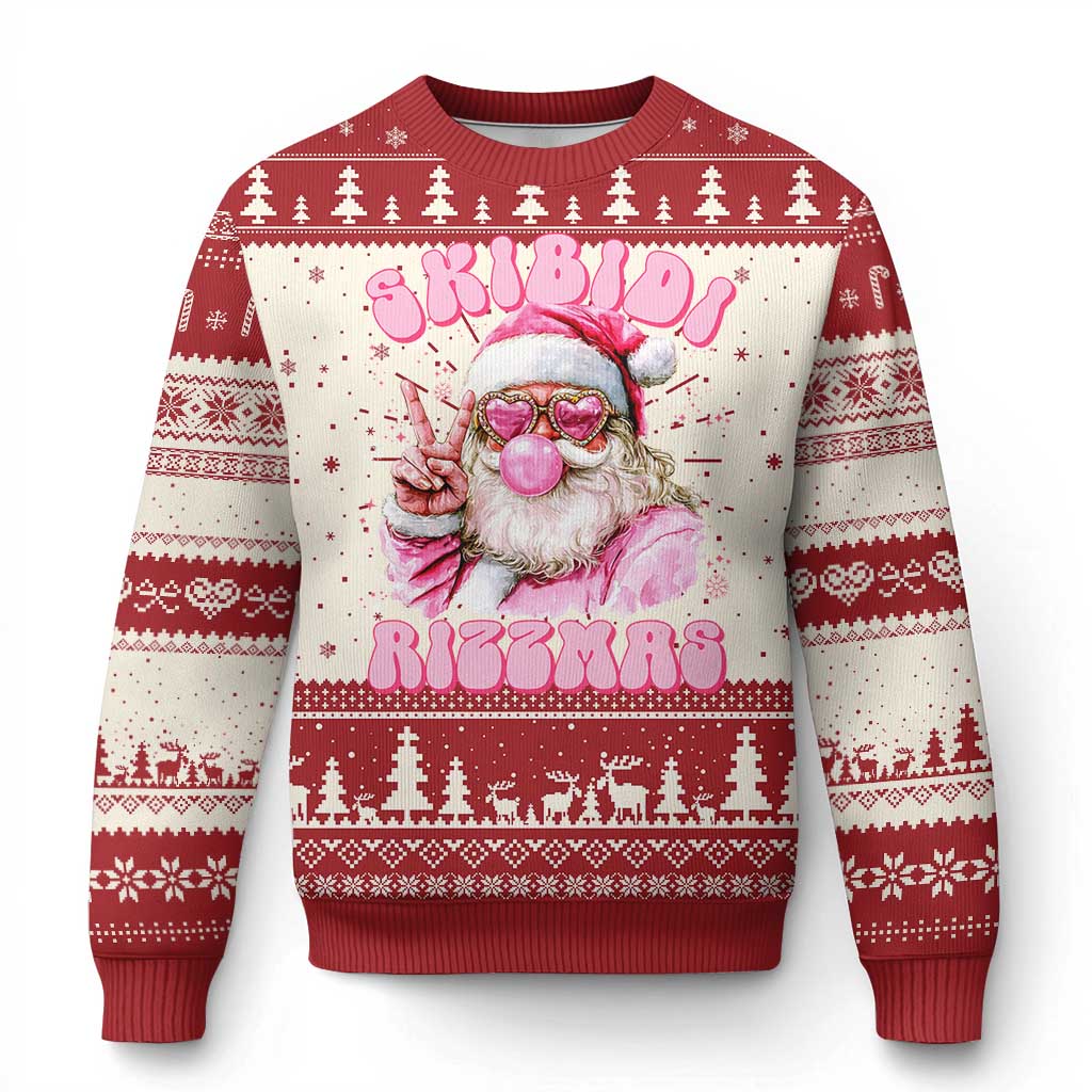 Skibidi Rizzmas Christmas Knit Sweatshirt Rizz Santa Pink Bubble Gum Funny Xmas Girl Kids Gen Alpha - Print Your Wear