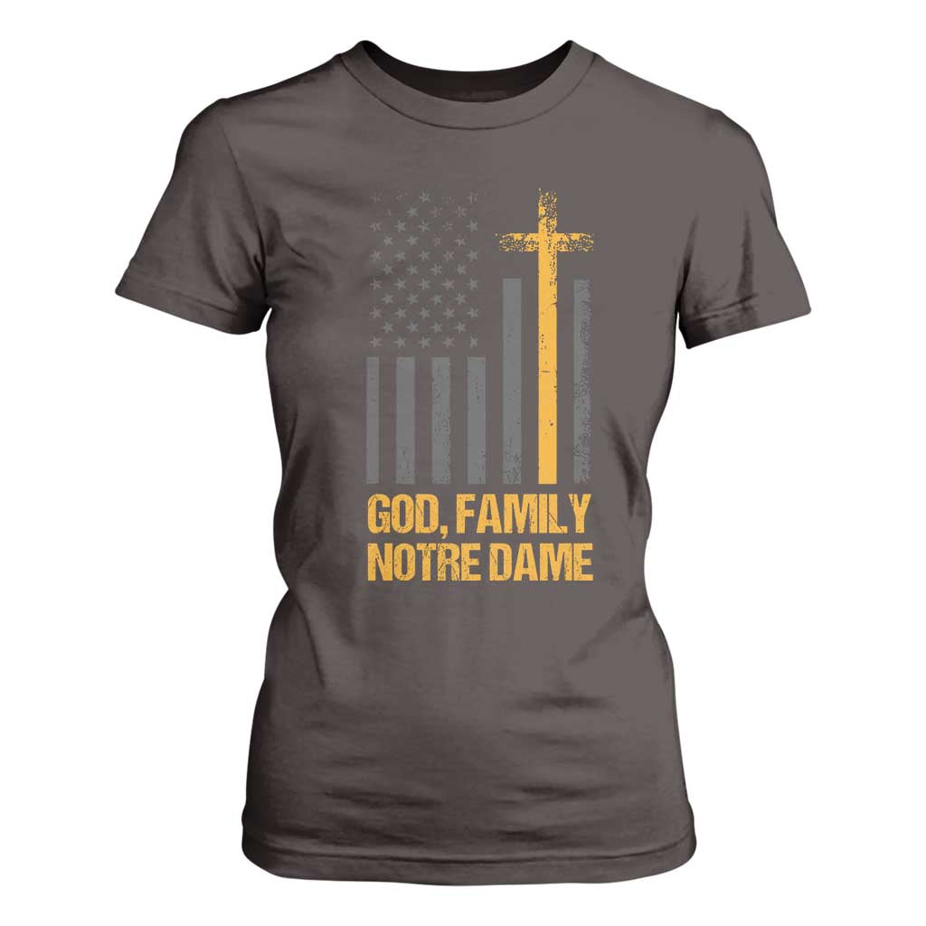 God First Family Second Then Notre Dame T Shirt For Women US Flag TS10 Dark Chocolate Print Your Wear