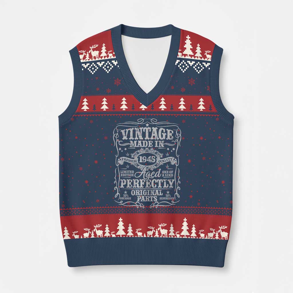 80th Birthday Gift V-Neck Knit Sweater Vest Vintage Born 1945 Turning 80 Year Old TS10 Navy Red Print Your Wear