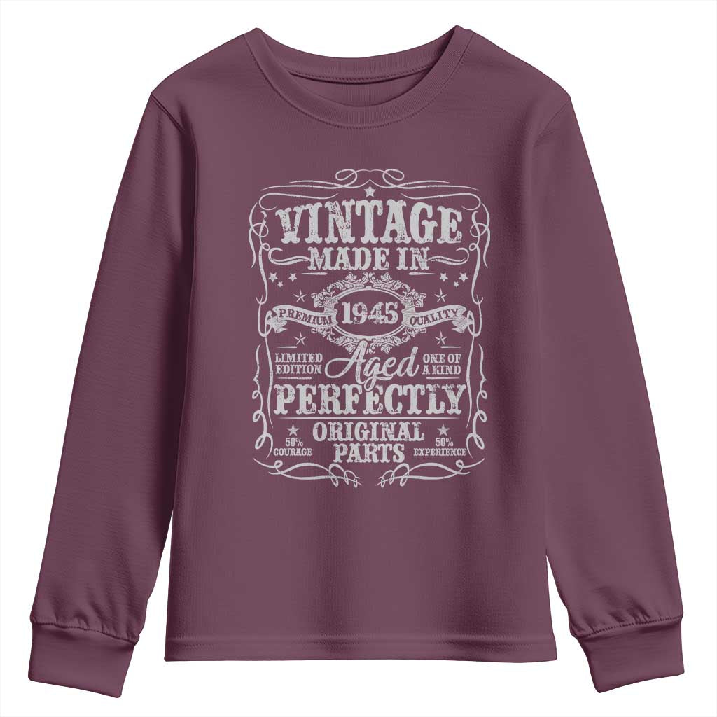 80th Birthday Gift Youth Sweatshirt Vintage Born 1945 Turning 80 Year Old TS10 Maroon Print Your Wear