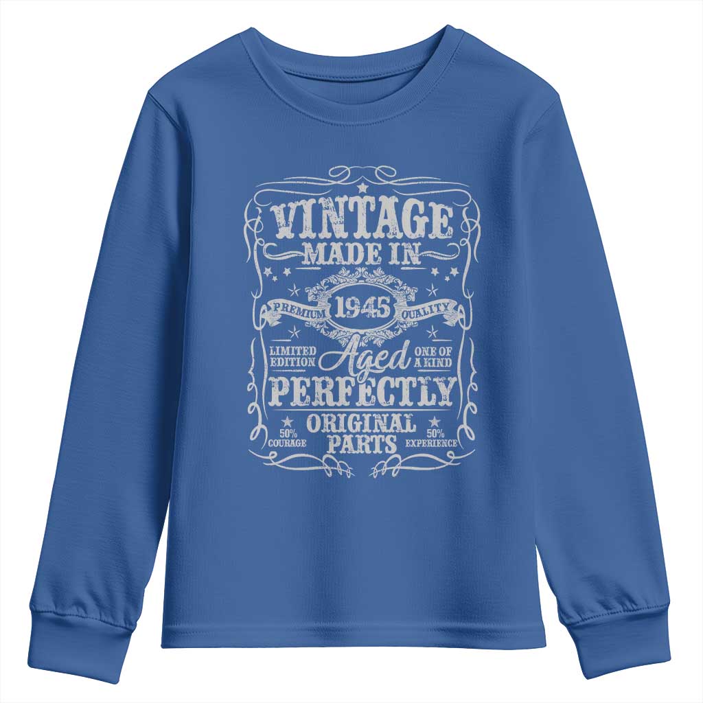 80th Birthday Gift Youth Sweatshirt Vintage Born 1945 Turning 80 Year Old TS10 Royal Blue Print Your Wear