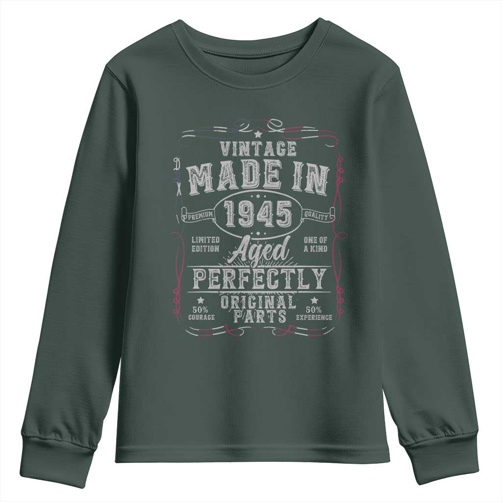 Vintage 1945 Youth Sweatshirt Aged Perfectly 80th Birthday Gift American Flag TS10 Dark Forest Green Print Your Wear