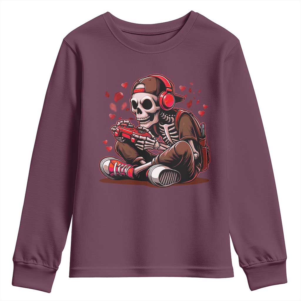 Valentine Skeleton Gamer Youth Sweatshirt Video Gaming Kids Boys TS10 Maroon Print Your Wear
