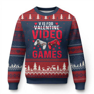 Funny Valentines Gamer Ugly Christmas Sweater V is for Video Games TS10 Navy Red Print Your Wear