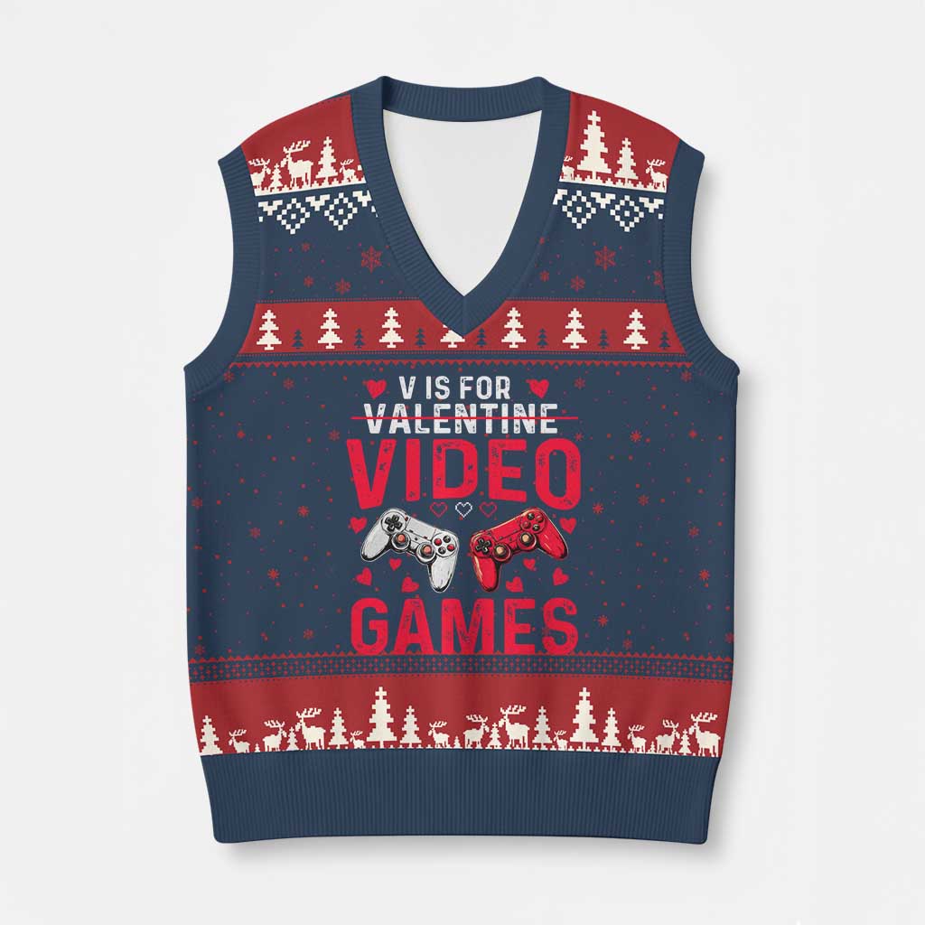 Funny Valentines Gamer V-Neck Knit Sweater Vest V is for Video Games TS10 Navy Red Print Your Wear