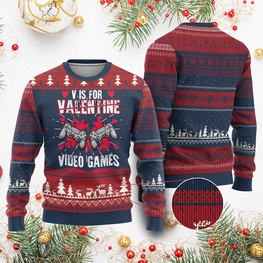Funny Valentines Day Gamer Knit Sweatshirt V Is For Video Games Toddler Boy Men Gift - Print Your Wear