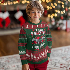 Funny Valentines Day Gamer Knit Sweatshirt V Is For Video Games Toddler Boy Men Gift TS10 Christmas Print Your Wear