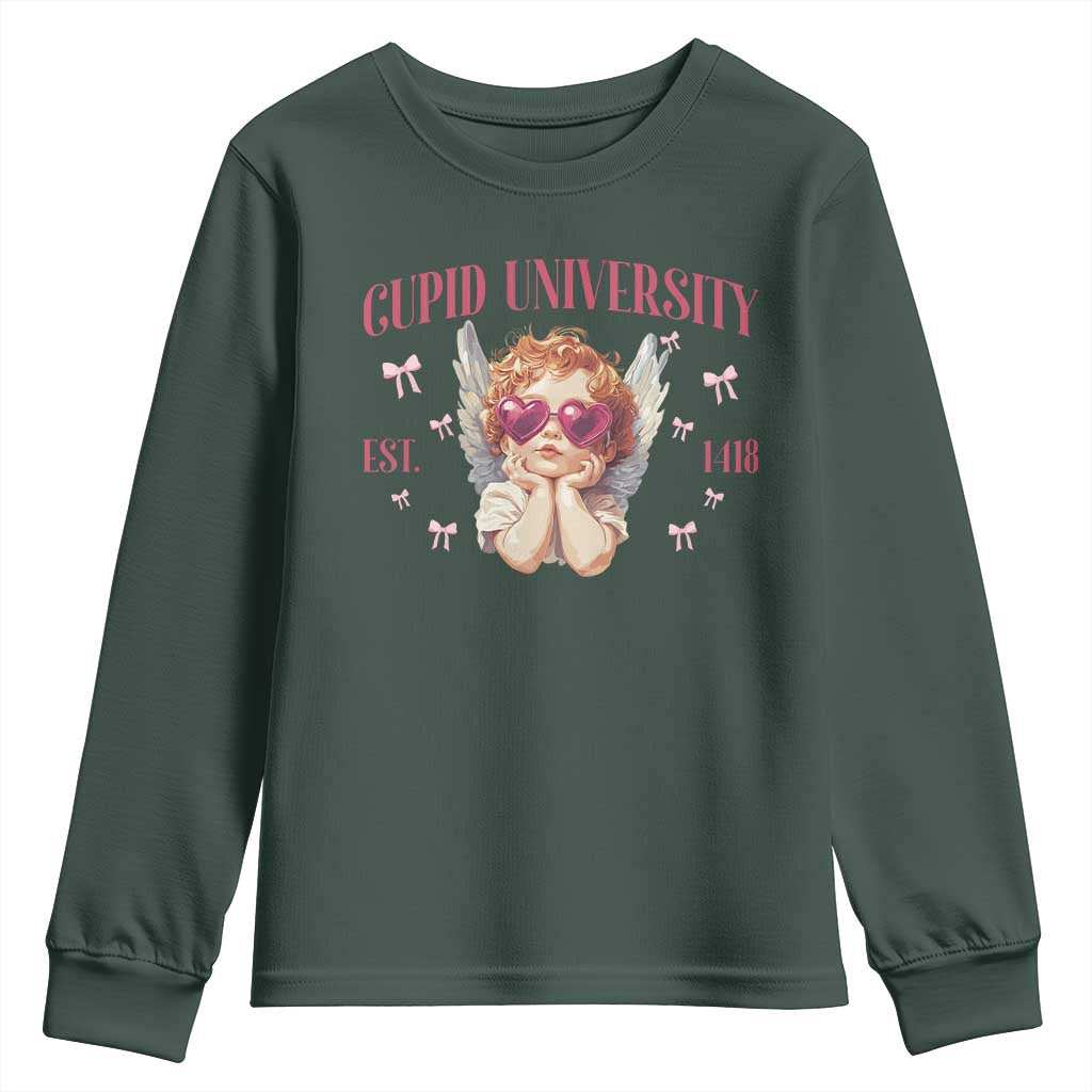 Cupid University Youth Sweatshirt Cute Valentines Day Funny College TS10 Dark Forest Green Print Your Wear