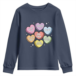Funny Anti Valentines Day Youth Sweatshirt Sarcasm Conversation Candy Hearts TS10 Navy Print Your Wear