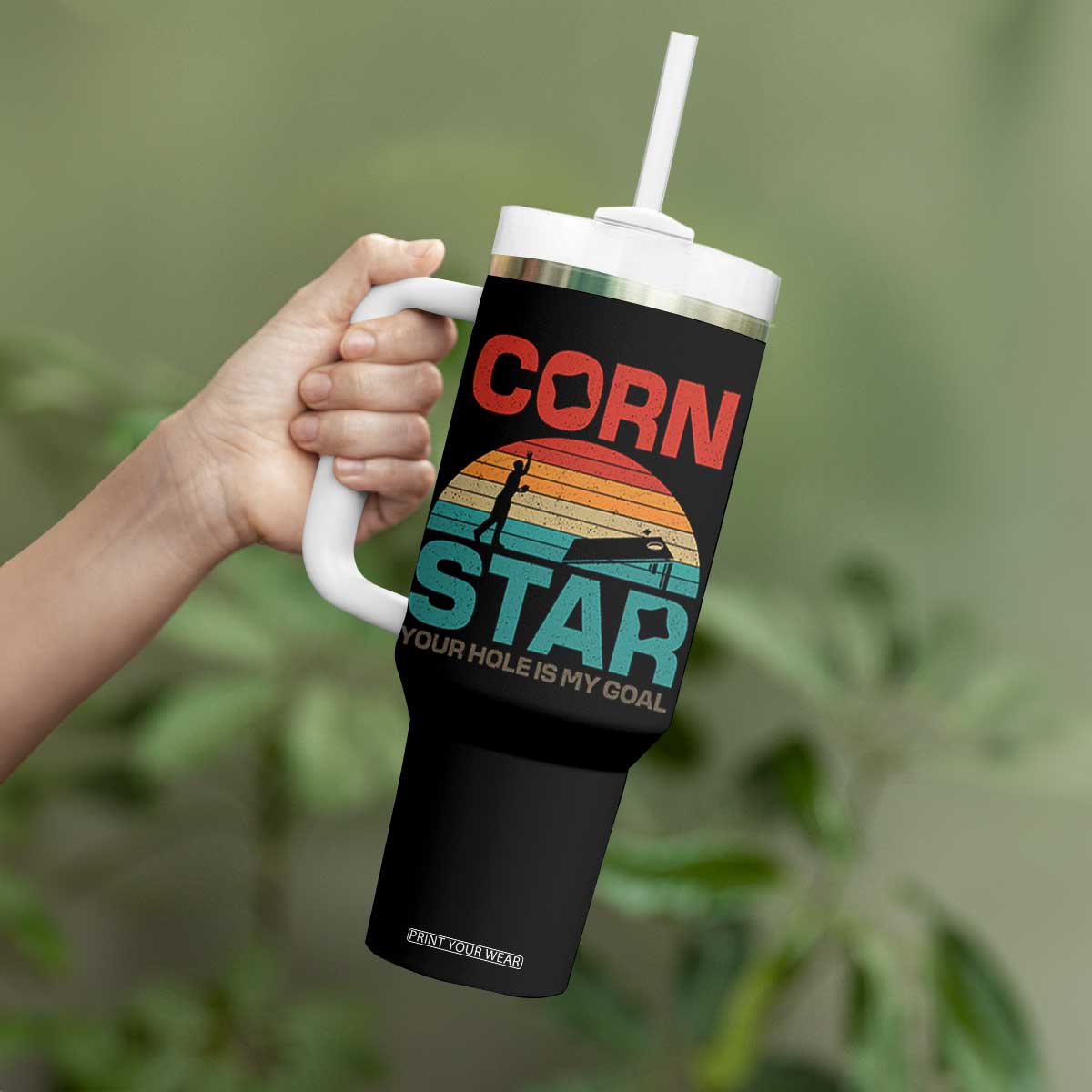 Inappropriate Cornhole Tumbler With Handle Retro Funny Adult Humor Cornstar Your Hole Is My Goal TS10 Print Your Wear