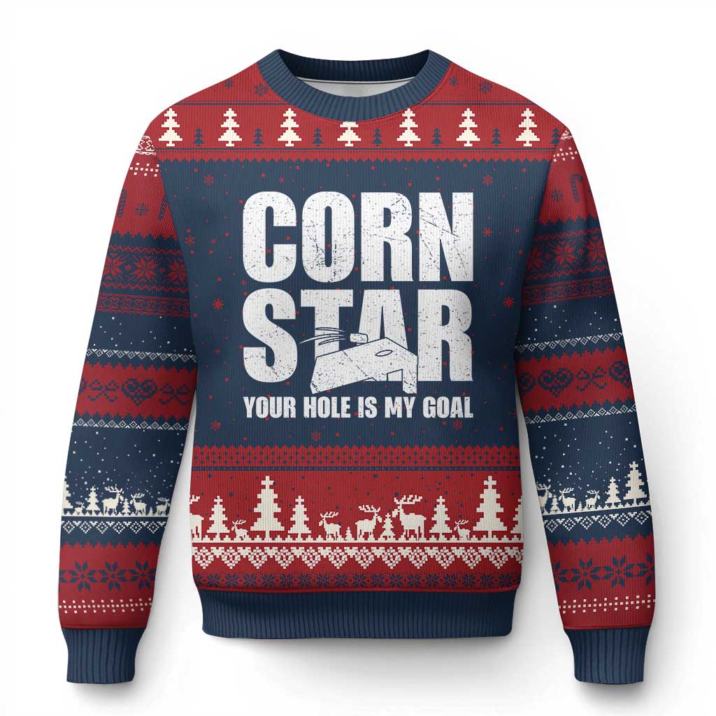 Inappropriate Cornhole Ugly Christmas Sweater Funny Adult Humor Cornstar Your Hole Is My Goal TS10 Navy Red Print Your Wear