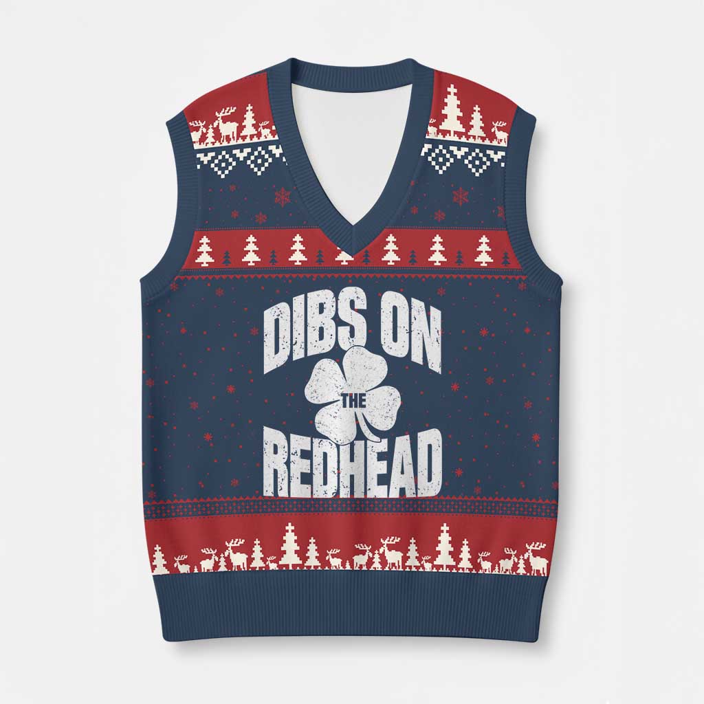 Funny Irish St Patricks Day Shamrock Dibs On The Redhead V-Neck Knit Sweater Vest TS10 Navy Red Print Your Wear