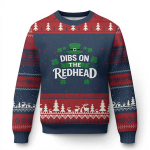 Funny Irish St Patricks Day Dibs On The Redhead Ugly Christmas Sweater Lucky Shamrock Clovers TS10 Navy Red Print Your Wear