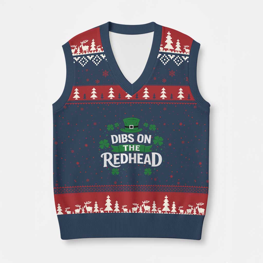 Funny Irish St Patricks Day Dibs On The Redhead V-Neck Knit Sweater Vest Lucky Shamrock Clovers TS10 Navy Red Print Your Wear