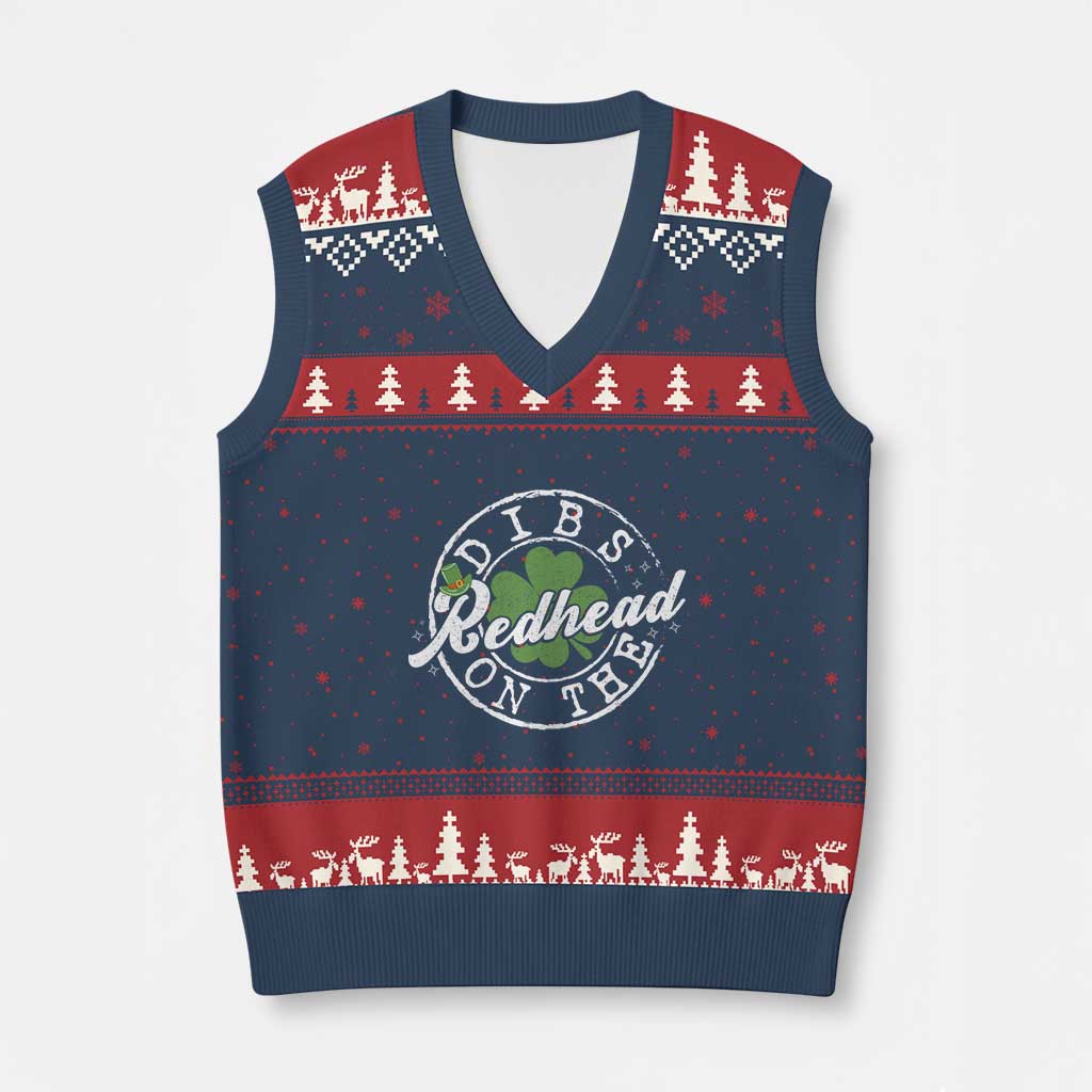 Funny Irish St Patricks Day Dibs On The Redhead V-Neck Knit Sweater Vest Retro Lucky Shamrock TS10 Navy Red Print Your Wear